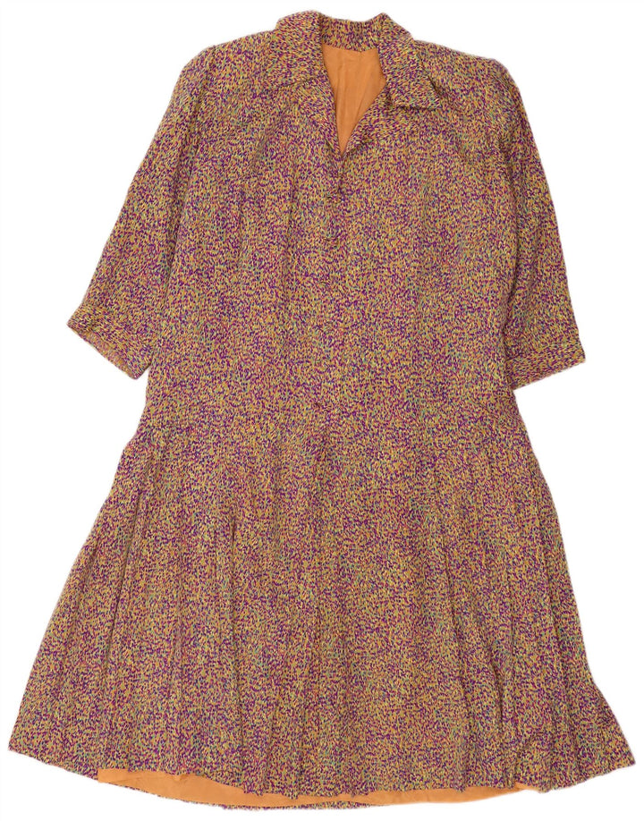 Vestido vintage feminino manga 3/4 linha A Reino Unido 14 médio multicolorido retrô