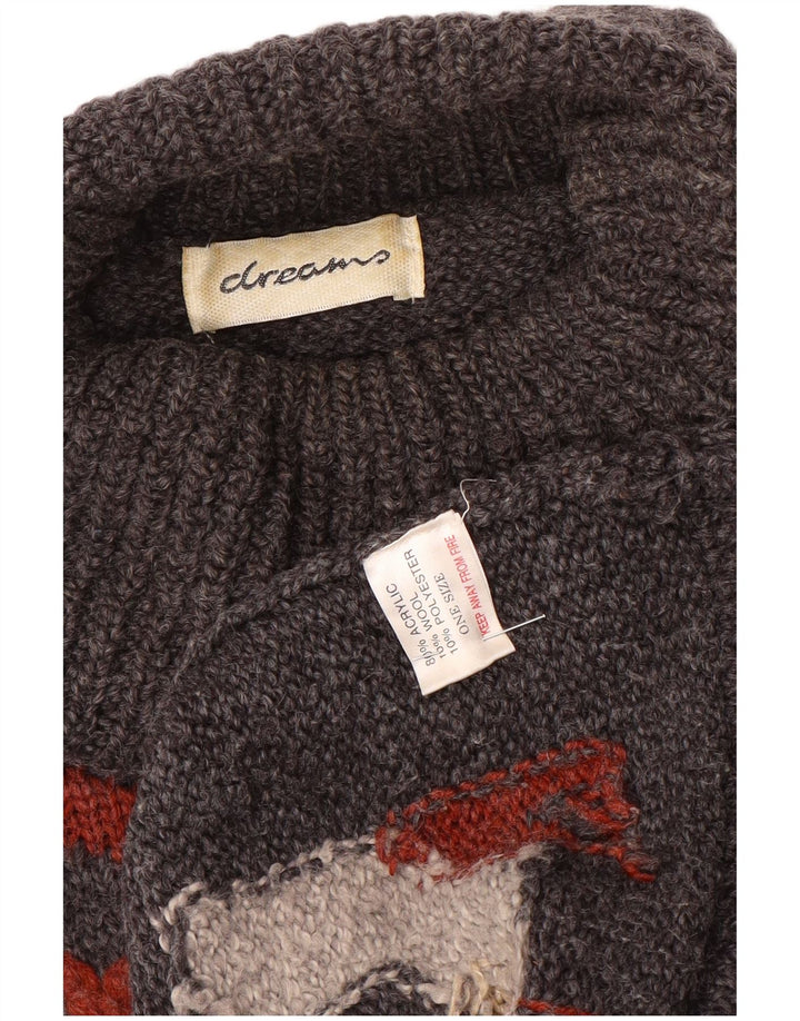 Suéter masculino vintage com gola redonda, tamanho único, acrílico geométrico cinza