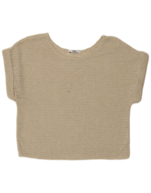 Zara blusa feminina de malha cortada top Reino Unido 16 grande bege