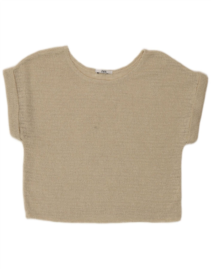 Zara blusa feminina de malha cortada top Reino Unido 16 grande bege