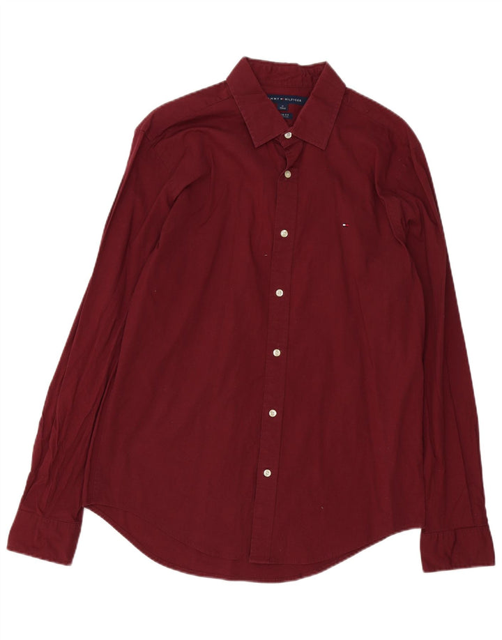 Tommy Hilfiger Mens Custom Fit Camisa Média Algodão Borgonha