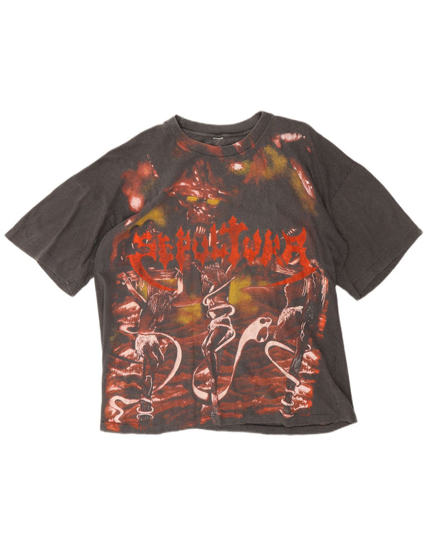 Camiseta masculina vintage Sepulrura 1986 gráfica top grande cinza metal