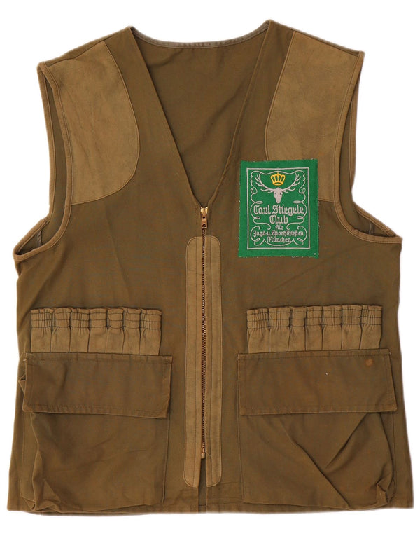 Colete utilitário gráfico masculino vintage UK 36 pequeno cáqui