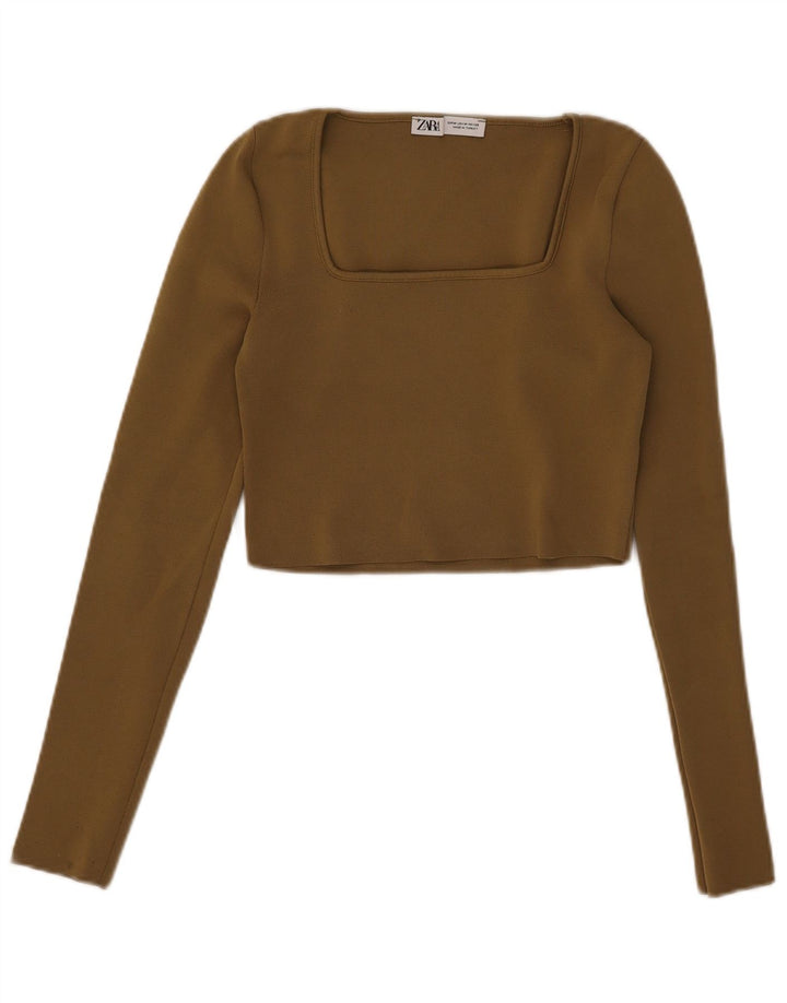 Zara Crop Top Feminino Manga Longa UK 12 Poliéster Cáqui Médio