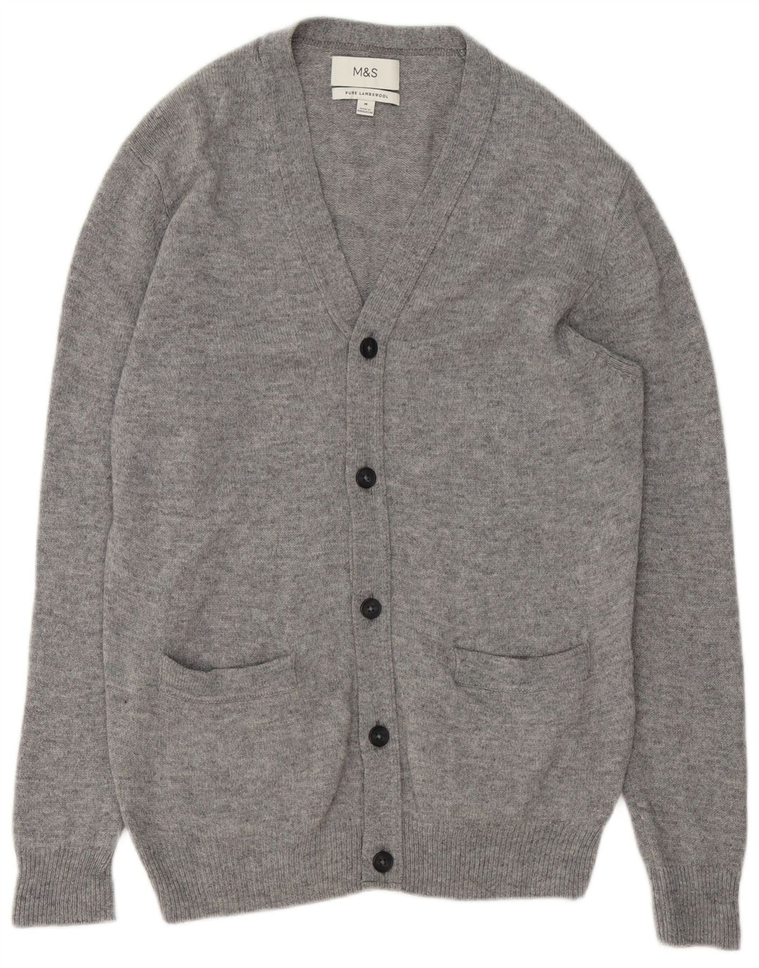 Suéter cardigã masculino MARKS & SPENCER lã de cordeiro manchada cinza médio
