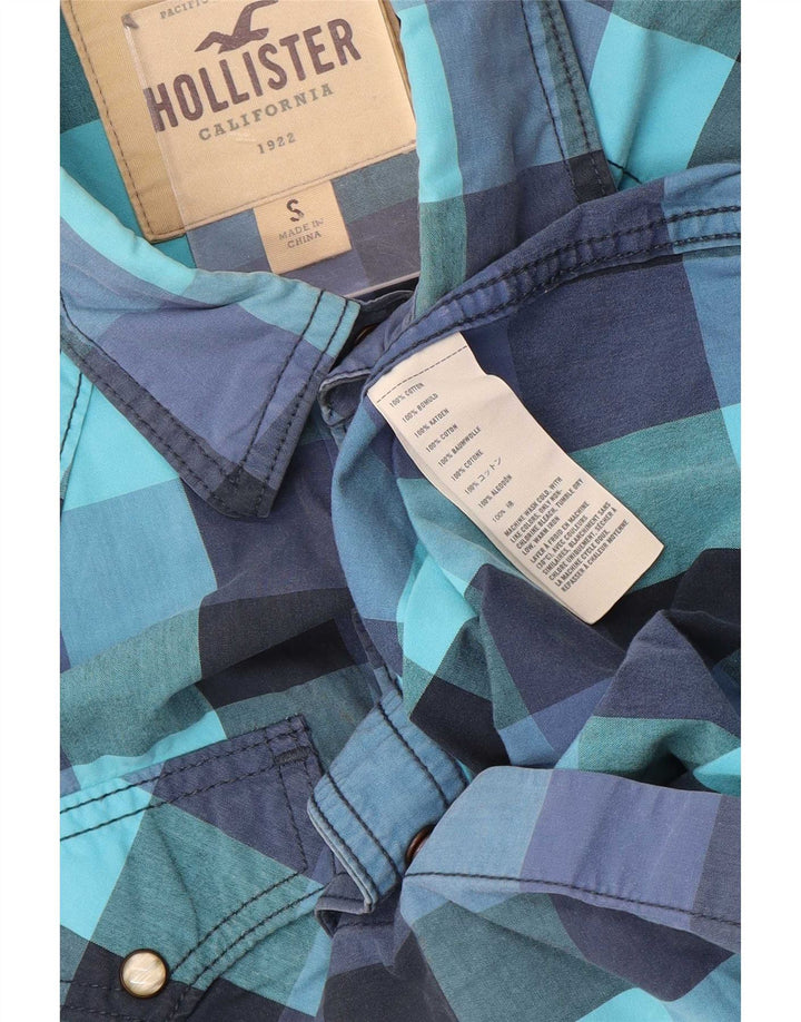 Camisa masculina ocidental Hollister de algodão guingão azul pequeno