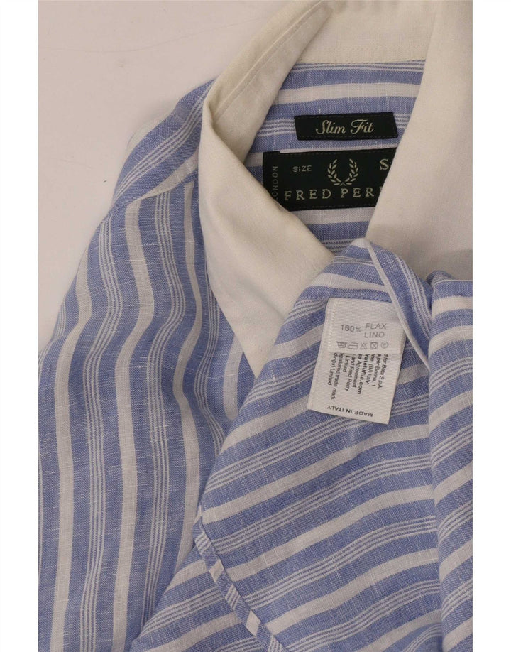 Camisa masculina Slim Fit Fred Perry pequena listrada azul de linho