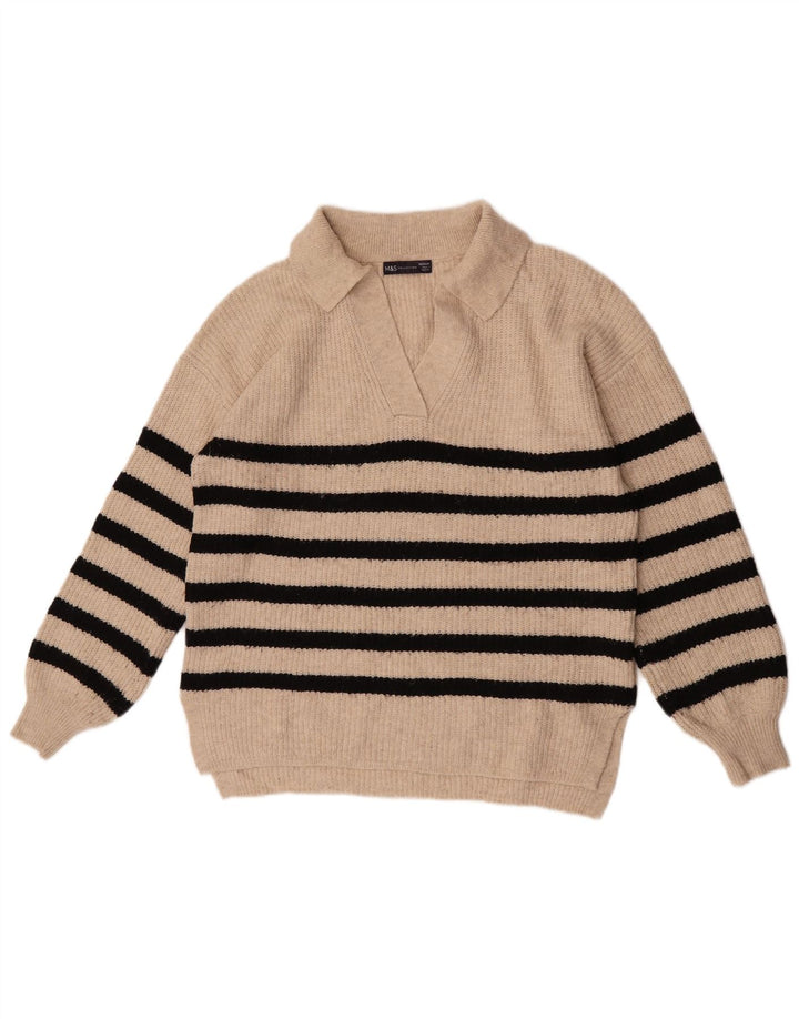Suéter feminino Marks & Spencer com gola polo e listras bege médio Reino Unido 14