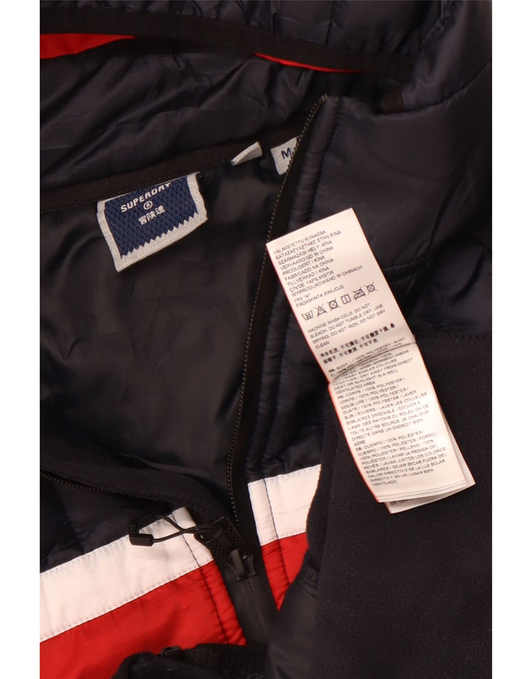Jaqueta bomber masculina SUPERDRY com capuz Reino Unido 38 bloco colorido azul marinho médio