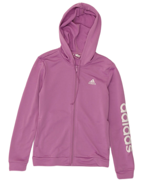 Suéter feminino Adidas com capuz e zíper gráfico UK 8/10 pequeno roxo poliéster