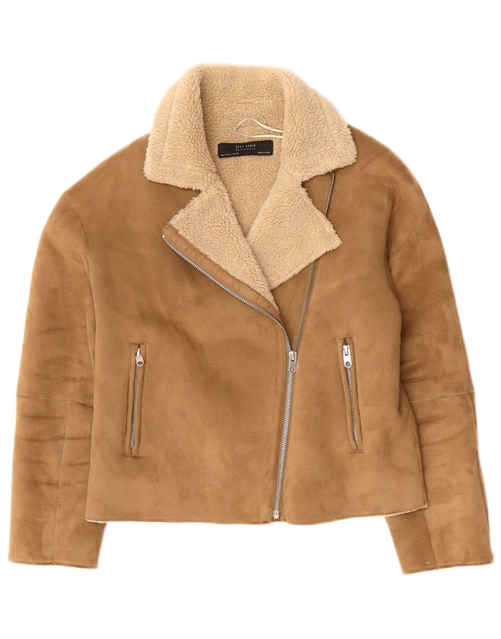 Jaqueta Zara Feminina Sherpa Faux Suede Biker Reino Unido 10 Pequeno Poliéster Bege
