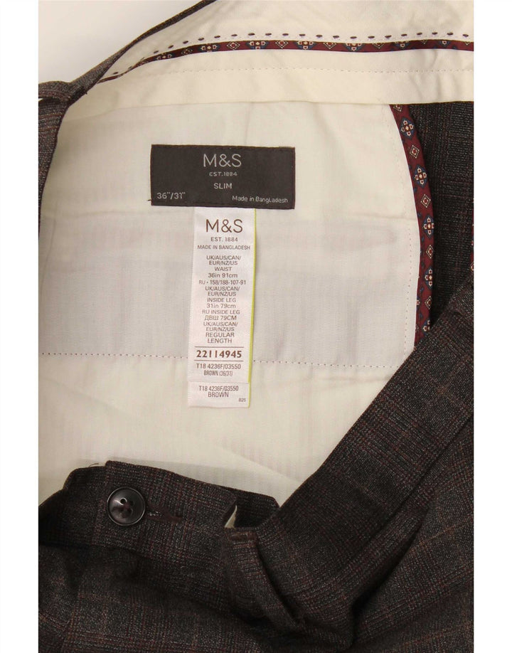 Calça Chino Masculina Slim Marks & Spencer W36 L31 Poliéster Xadrez Marrom