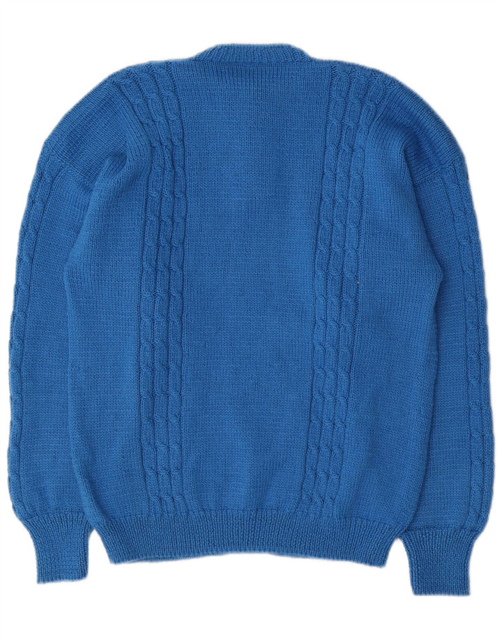 Suéter feminino vintage com gola redonda e botão UK 14 azul médio