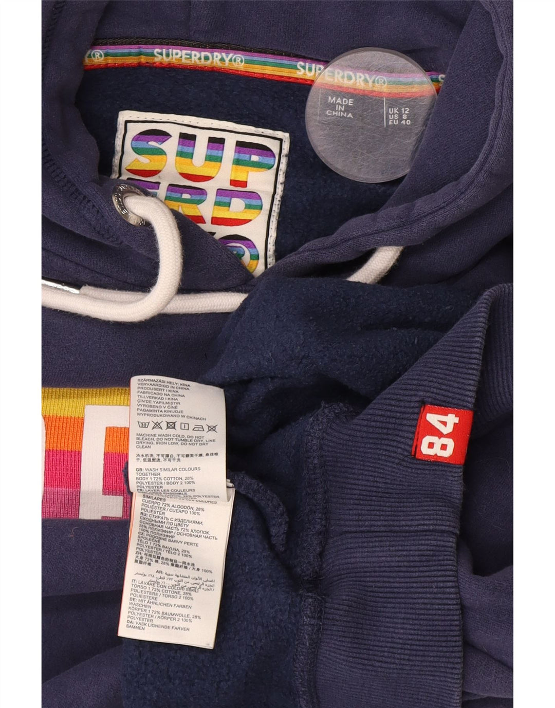 Suéter com capuz gráfico feminino Superdry UK 12 algodão listrado azul marinho médio