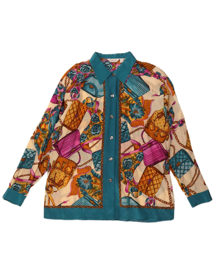 Blusa feminina vintage com padrão abstrato Reino Unido 14 grande multicolorida