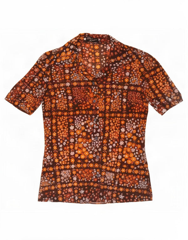 Blusa feminina vintage de manga curta UK 8 pequena marrom floral
