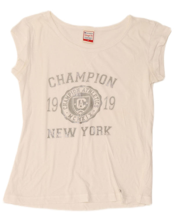 Camiseta feminina Champion Heritage Fit com estampa gráfica UK 14 médio branco