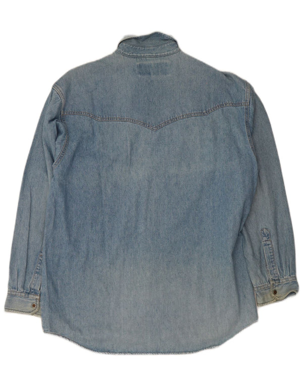 Camisa jeans masculina vintage algodão azul médio