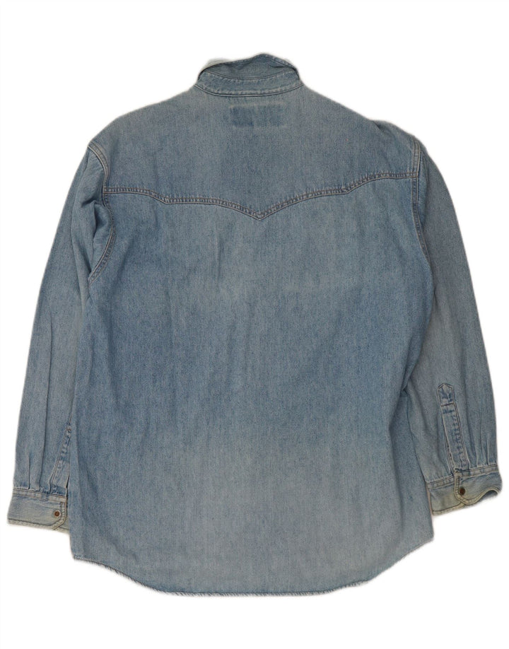 Camisa jeans masculina vintage algodão azul médio