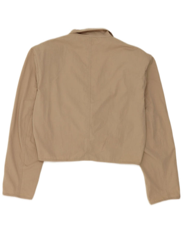 Jaqueta blazer feminina Stefanel Crop 2 botões Reino Unido 16 grande poliéster bege
