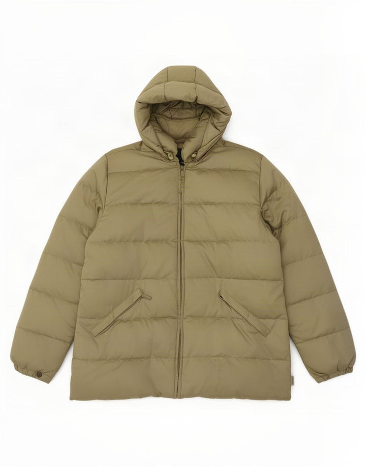 Jaqueta acolchoada com capuz feminina Moncler tamanho 3 poliéster cáqui médio