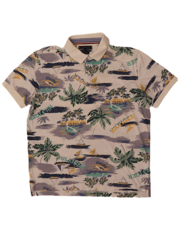 Tommy Hilfiger Camisa polo masculina gráfica XL Off White algodão havaiano