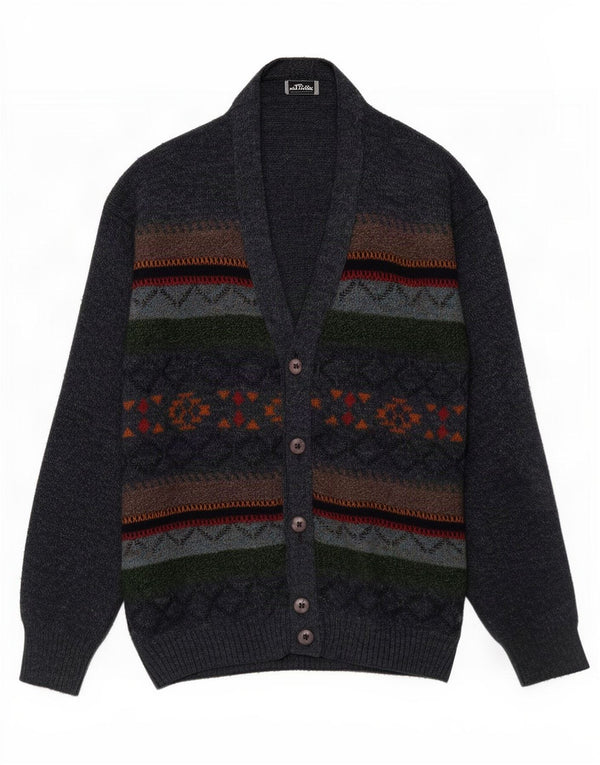 Suéter cardigã masculino vintage solto, grande azul marinho Fair Isle acrílico