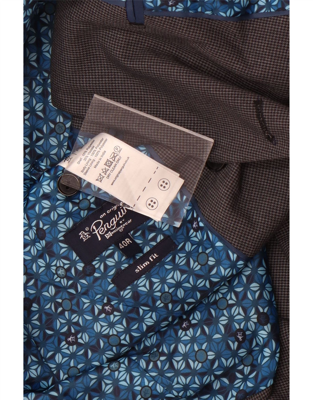 Jaqueta blazer masculina Penguin com peito duplo Reino Unido 40 grande cinza houndstooth