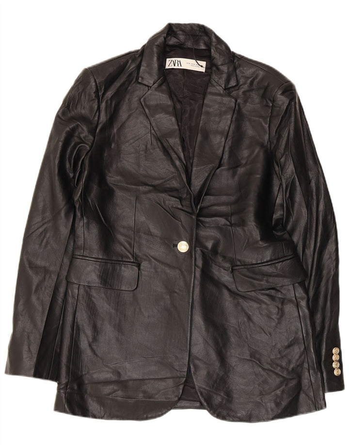 Jaqueta blazer feminina Zara com 1 botão de couro sintético Reino Unido 14 médio preto