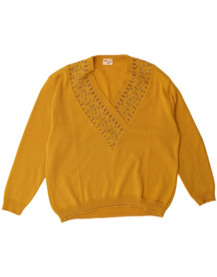 VINTAGE Womens V-Neck Jumper Sweater IT 48 XL Yellow Geometric Wool Vintage Vintage and Second-Hand Vintage from Messina Hembry 