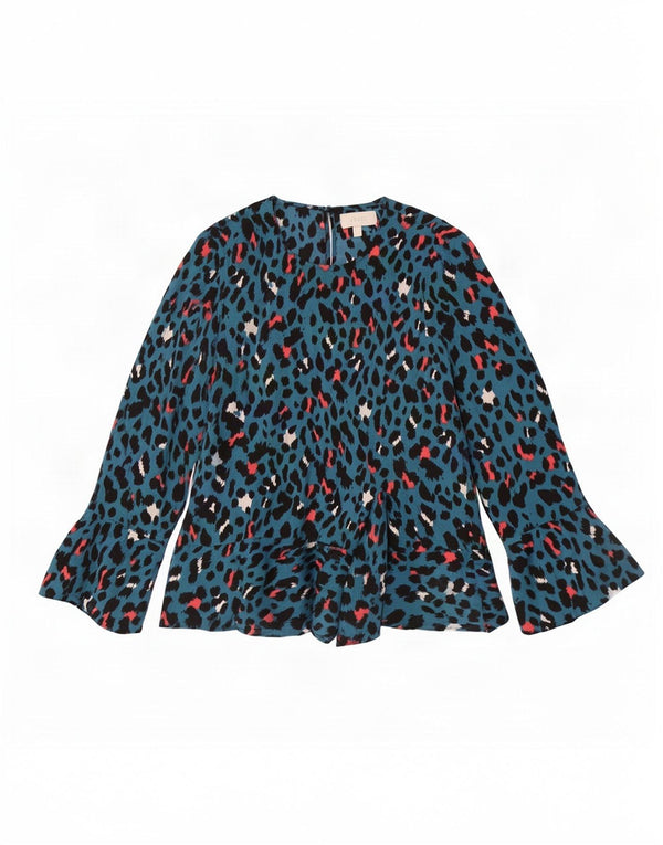 Blusa feminina de manga comprida Coast UK 14 grande poliéster manchado azul