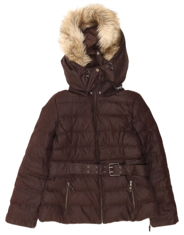 Jaqueta acolchoada com capuz feminina Zara UK 40 grande poliéster marrom