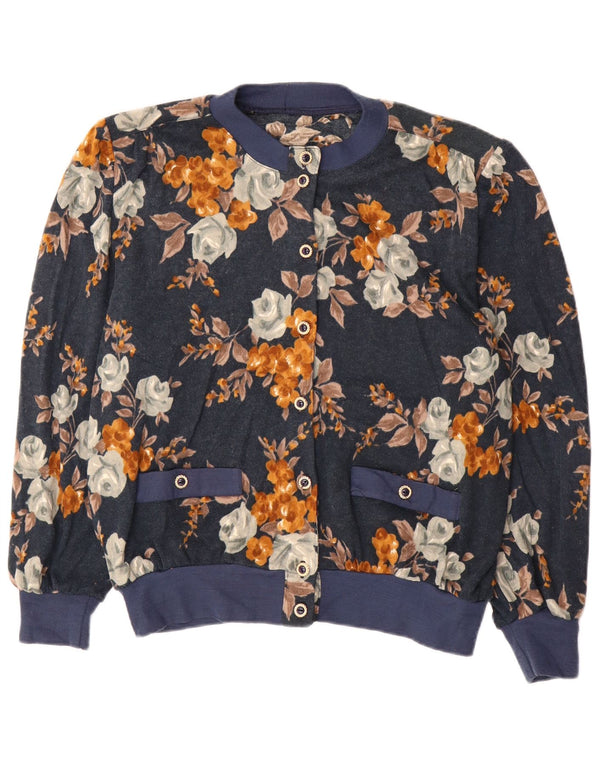 Suéter cardigã feminino vintage de grandes dimensões IT 50 XL azul marinho floral acrílico