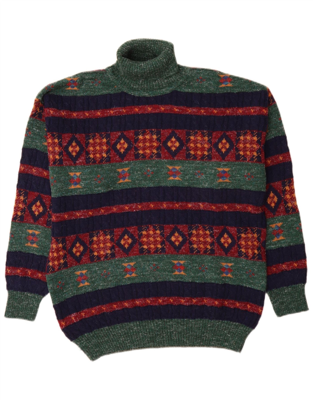 Suéter vintage masculino com gola redonda, lã de alpaca geométrica verde média