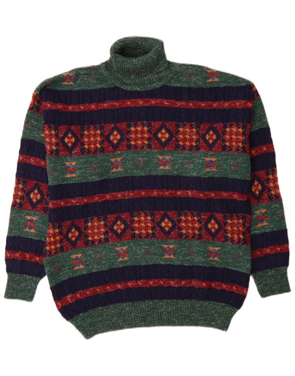 Suéter vintage masculino com gola redonda, lã de alpaca geométrica verde média