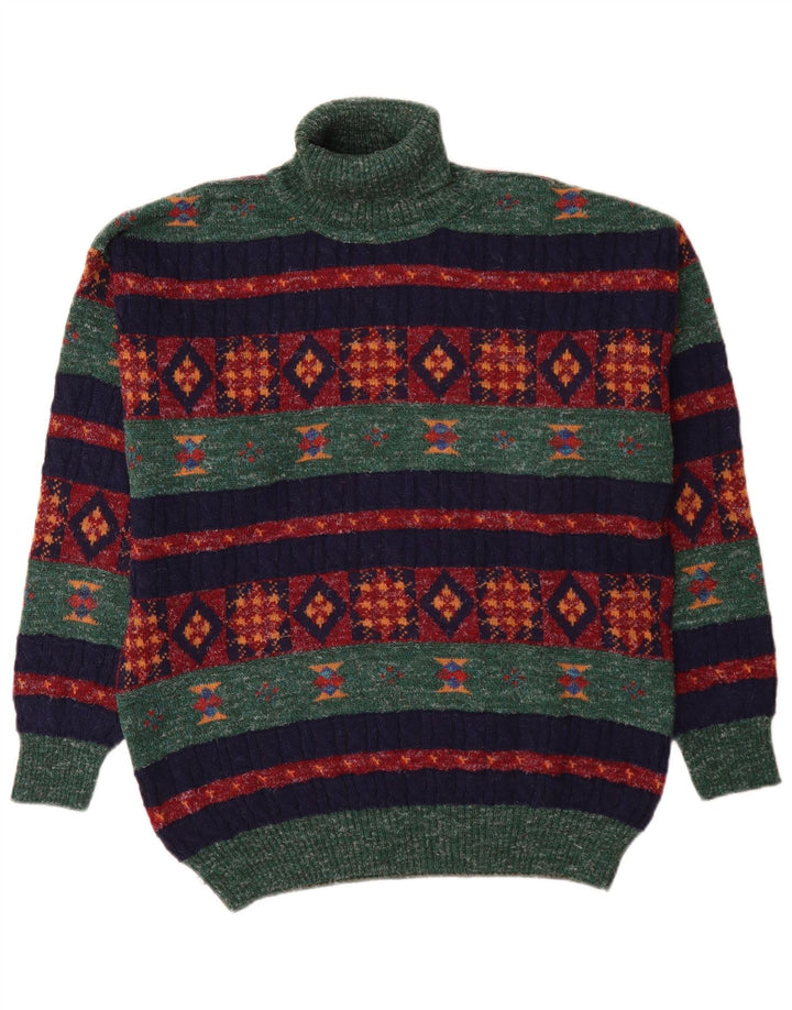 Suéter vintage masculino com gola redonda, lã de alpaca geométrica verde média