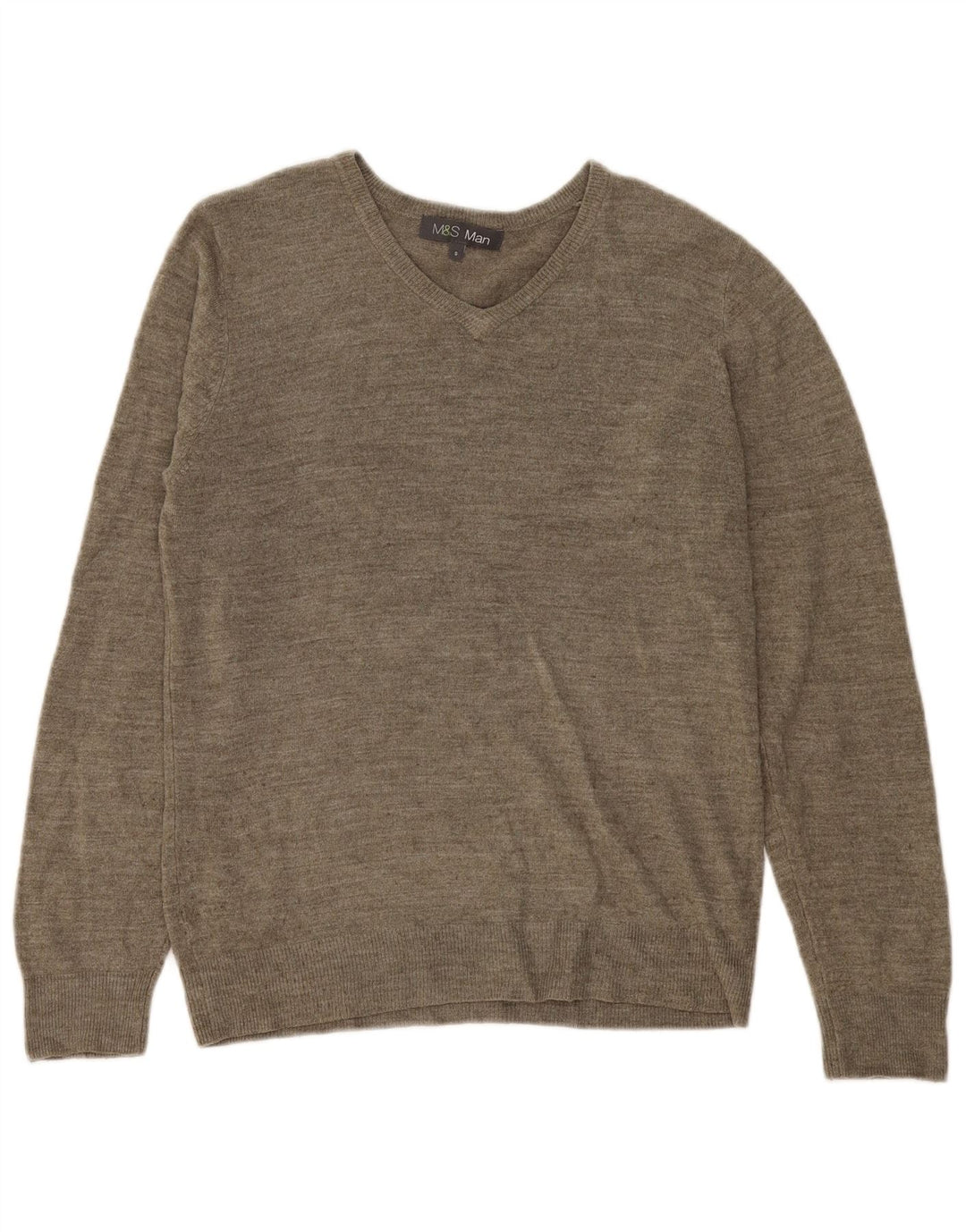 Suéter masculino Marks & Spencer com decote em V, pequeno acrílico salpicado cáqui