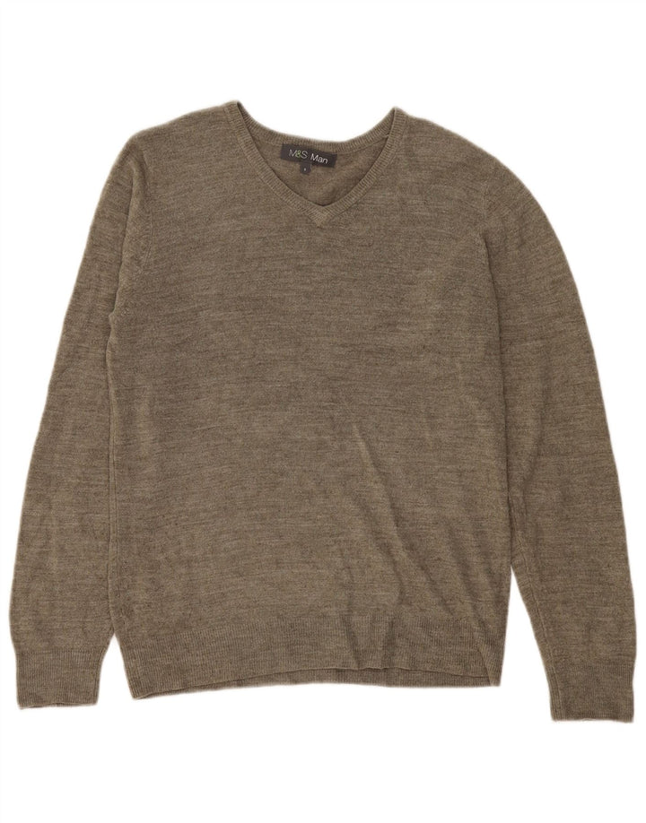 Suéter masculino Marks & Spencer com decote em V, pequeno acrílico salpicado cáqui