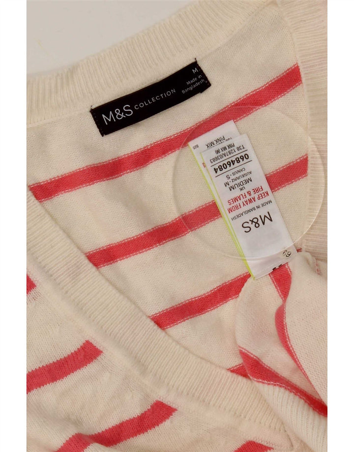 Suéter feminino Marks & Spencer com decote em V Reino Unido 14 listrado rosa médio
