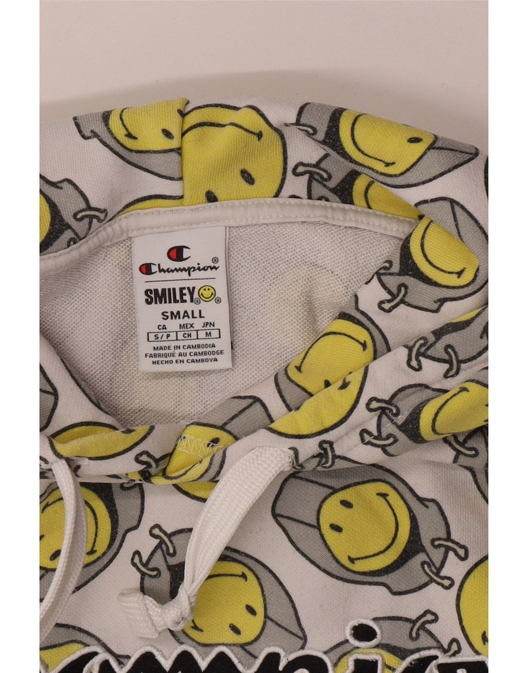 Champion masculino smiley gráfico moletom com capuz pequeno amarelo geométrico