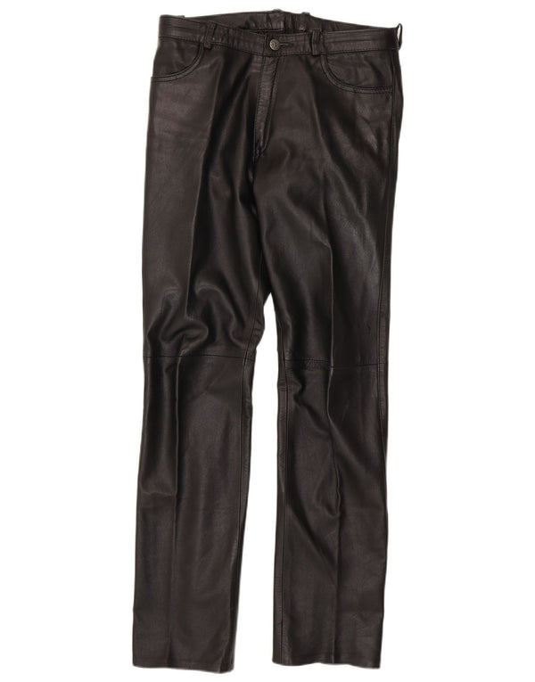 Calça feminina reta de couro Barone W30 L33 preta