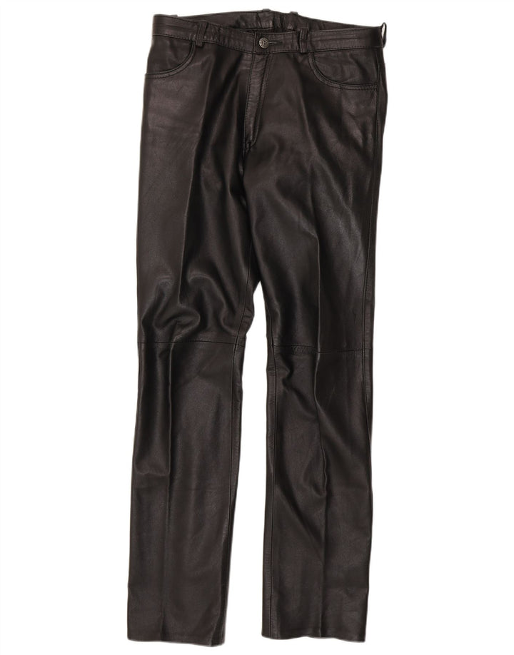Calça feminina reta de couro Barone W30 L33 preta