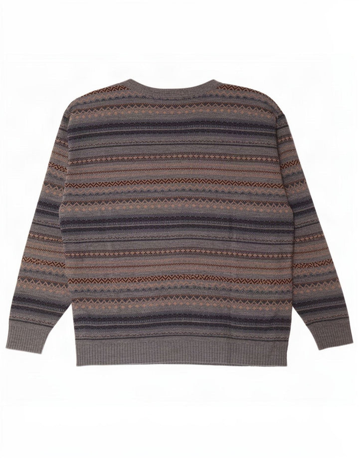 Suéter masculino vintage com pescoço de barco, cinza médio, acrílico Fair Isle