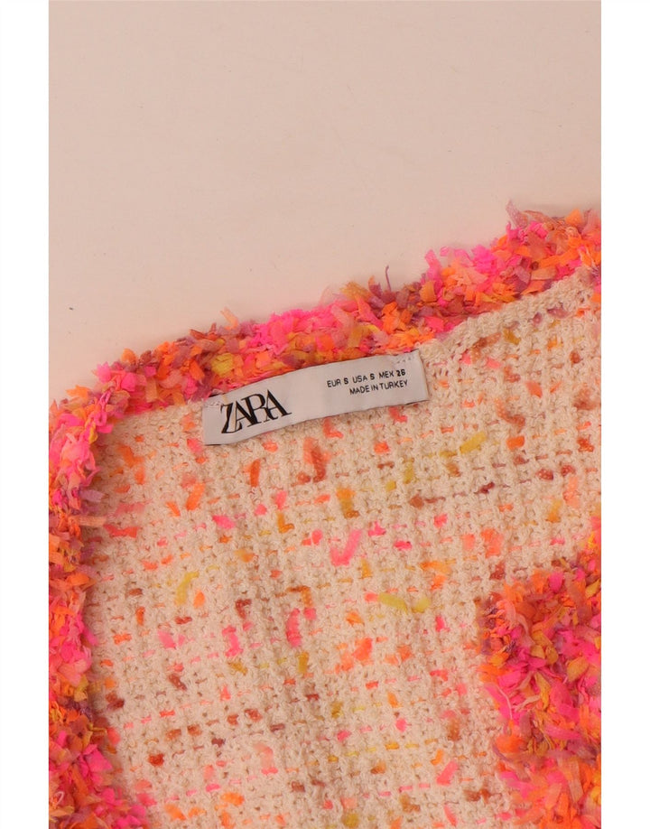 Jaqueta blazer aberta feminina Zara Reino Unido 10 poliéster manchado branco pequeno