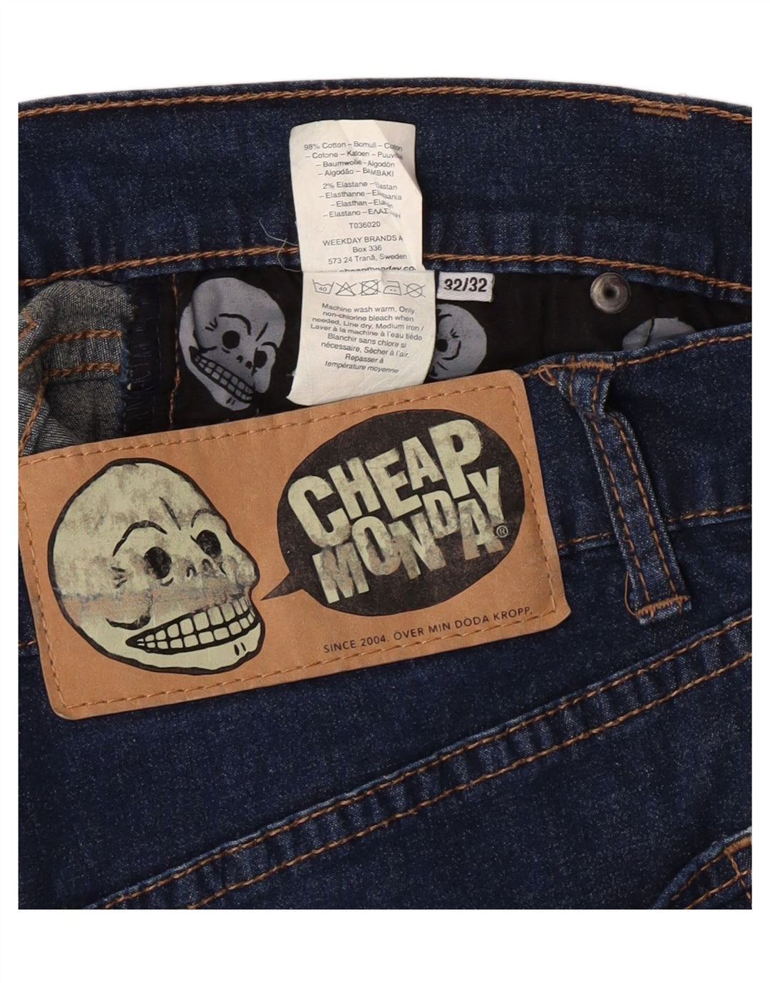 CHEAP MONDAY Jeans retos femininos W32 L32 algodão azul marinho