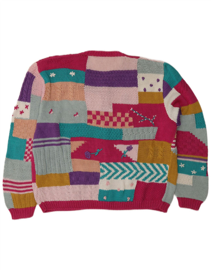 Suéter cardigã feminino vintage Reino Unido 14 grandes retalhos multicoloridos