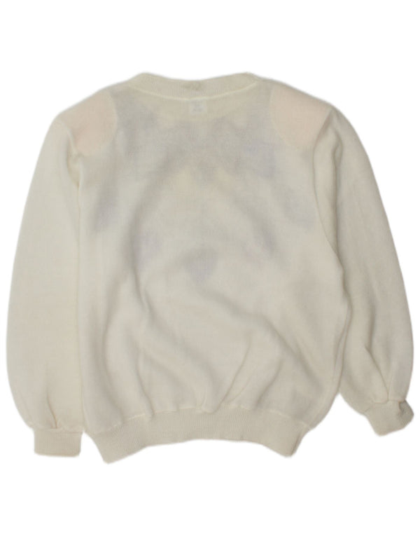 Suéter feminino vintage com gola redonda UK 14 médio off white floral