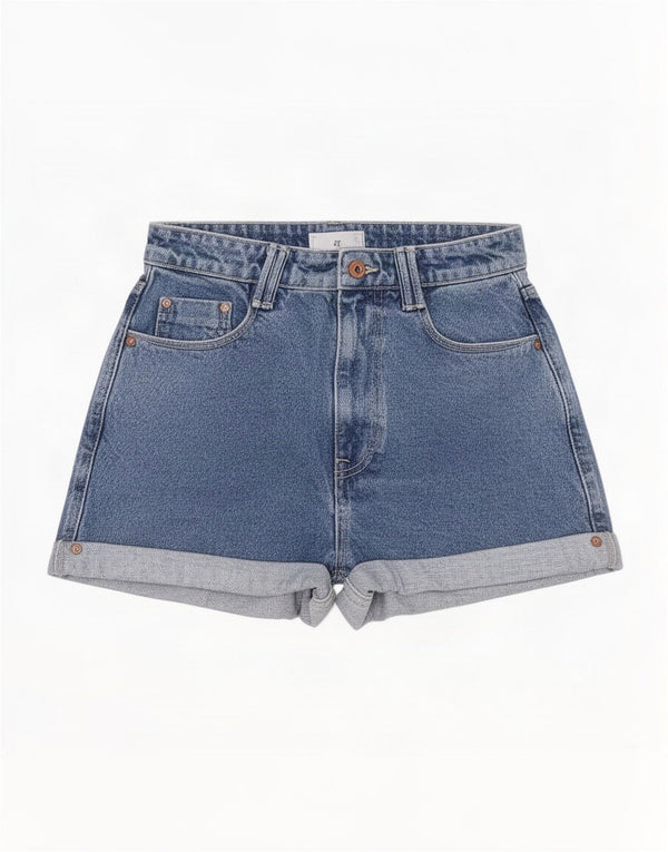 Zara Shorts jeans feminino de cintura alta UE 38 pequeno W28 algodão azul