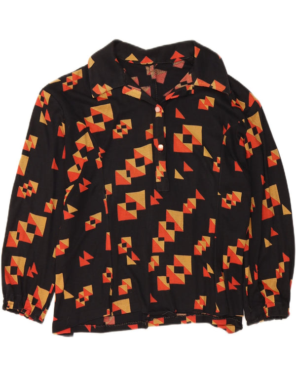 Blusa feminina VINTAGE manga 3/4 UK 18 XL preta geométrica