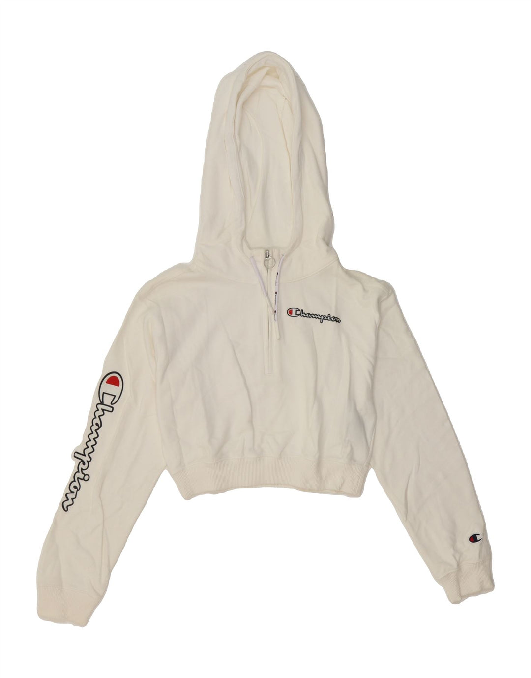 CHAMPION Womens Graphic Crop Hoodie Jumper UK 6 XS White Cotton Vintage Champion and Second-Hand Champion from Messina Hembry 